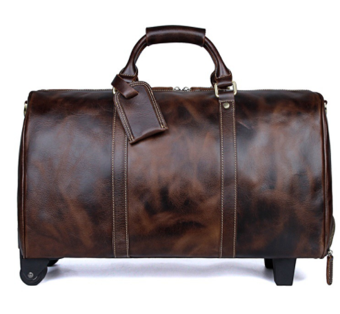 Large Capacity Cowhide Leather Trolley Travel Bag - Addison Foster