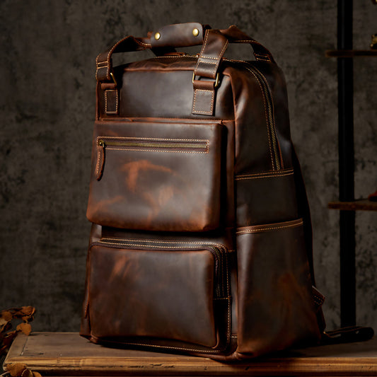 Handmade Retro Crazy Horse Leather Oversized Backpack